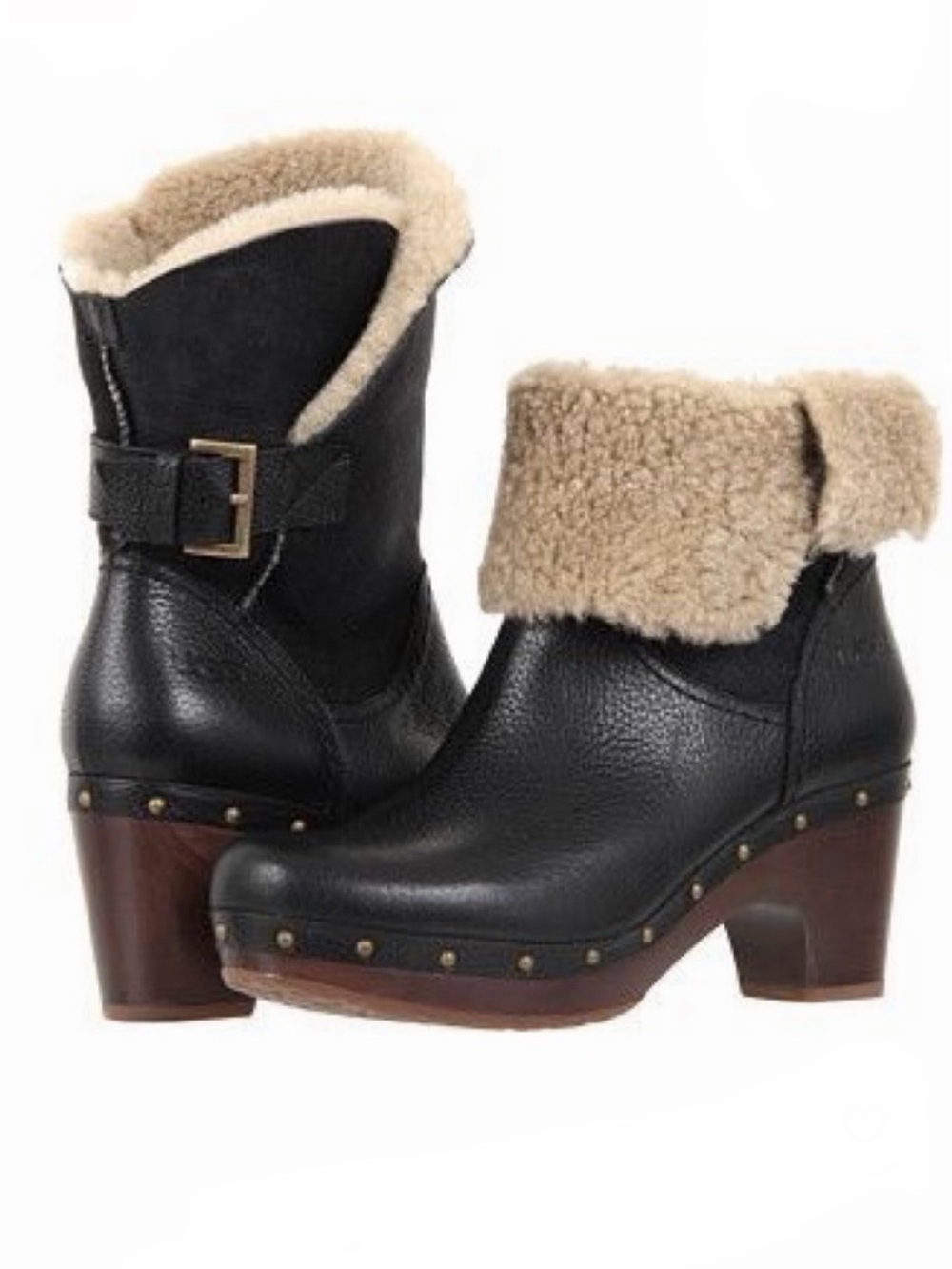 UGG Amoret black leather shearling-lined clog/platform studded boots, size 8
